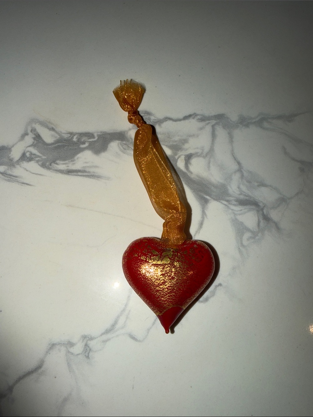 Murano Red Hand-Blown Glass Heart with Macchia & 24 KT Gold Patina